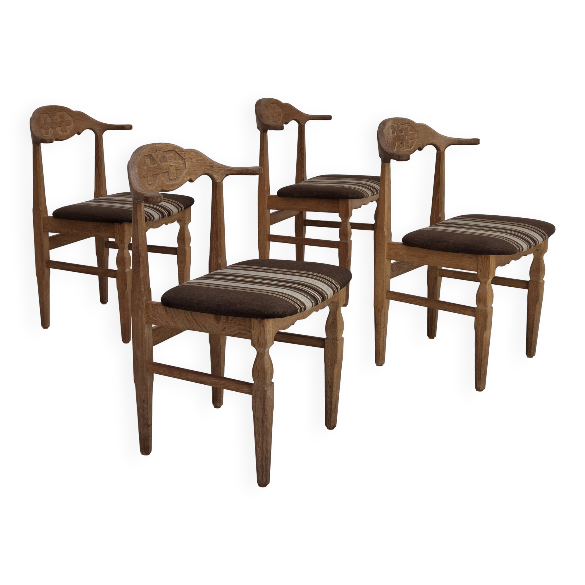 1960s, Danish design by Henning Kjærnulf, et of 4 chairs, wool, oak wood.