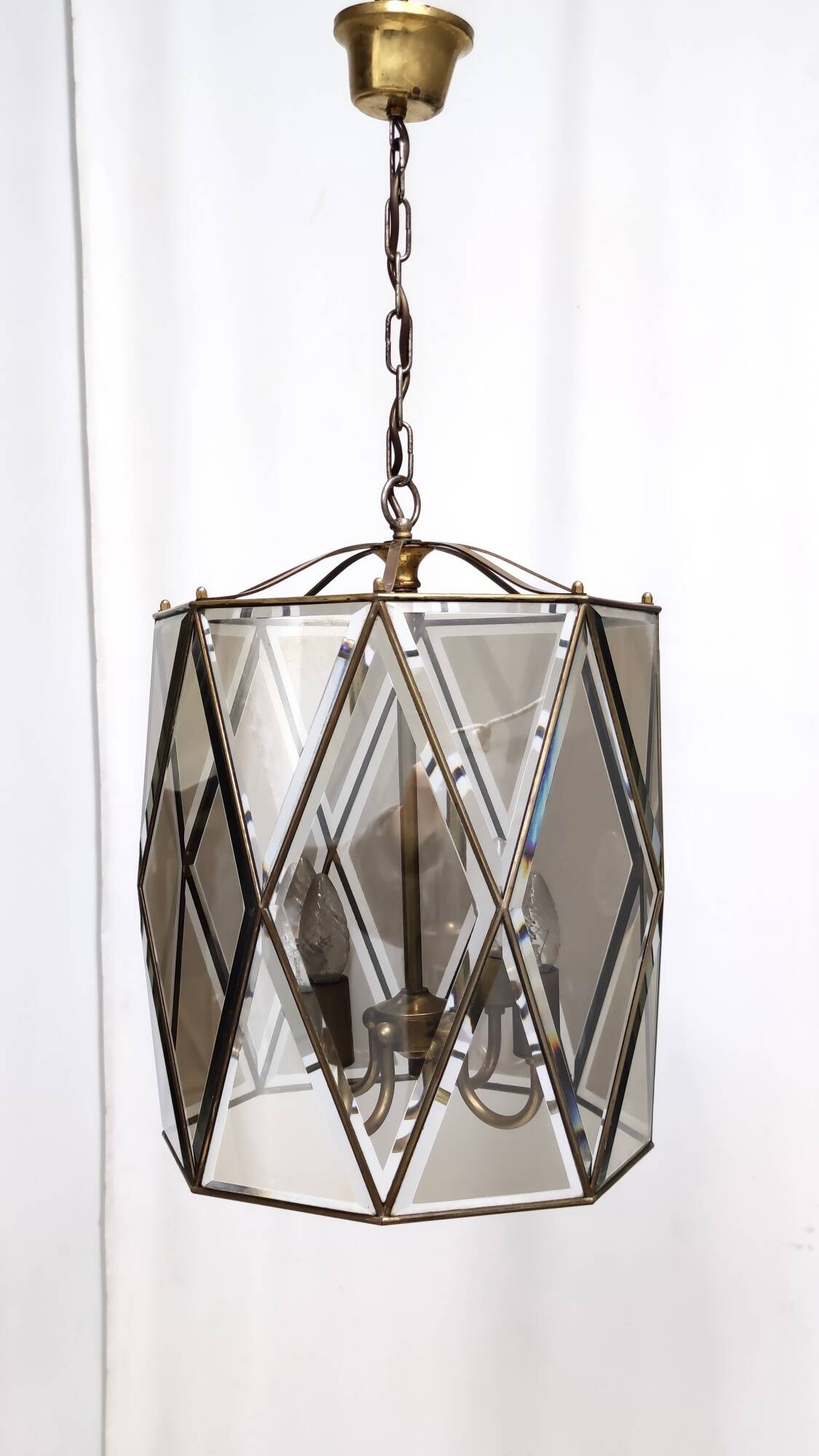 Handmande Octagonal Glass and Brass Pendant Lantern, Italy