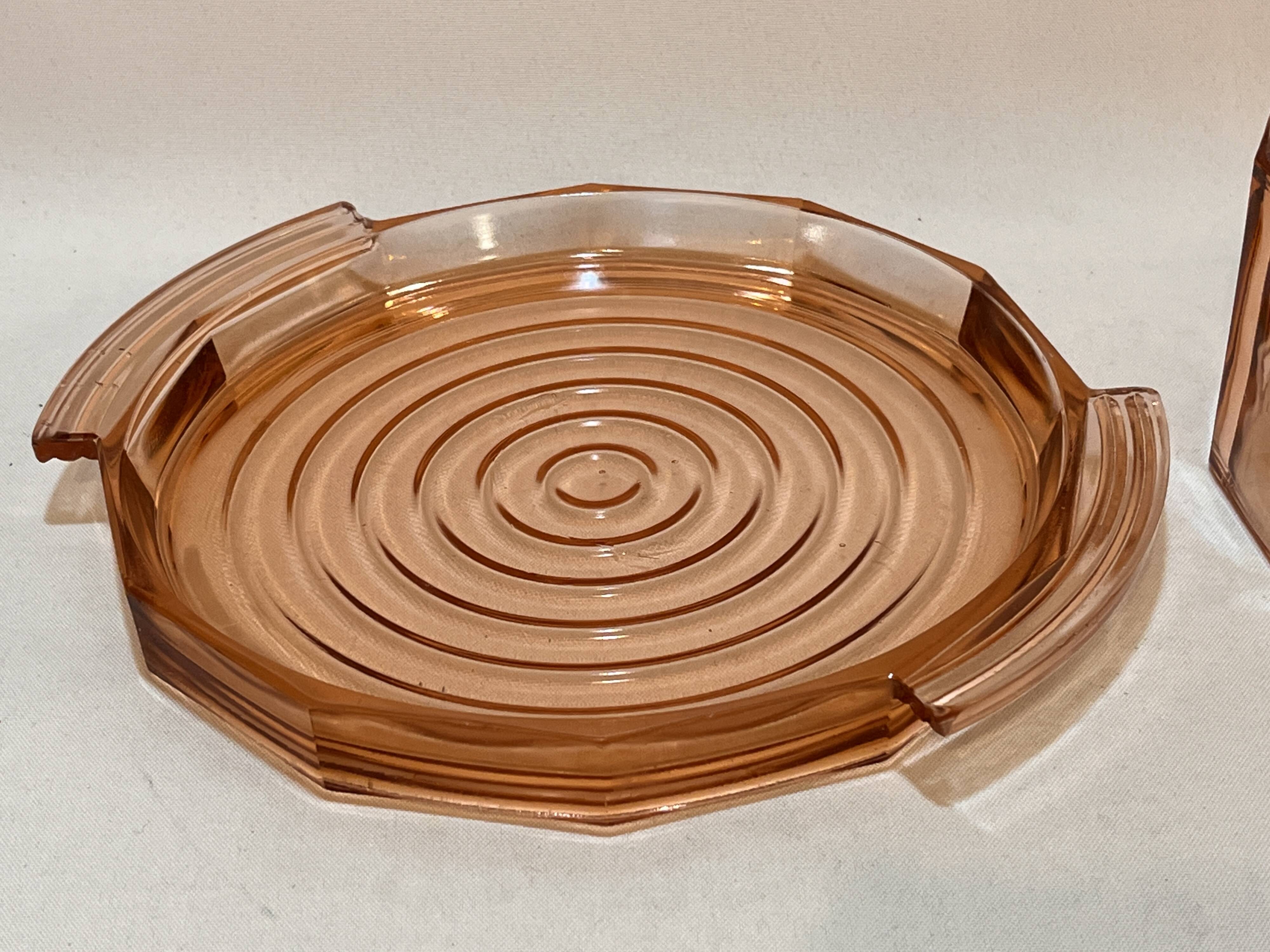 Rosaline pink glass bell and 1930s Art Deco cheesecake tray