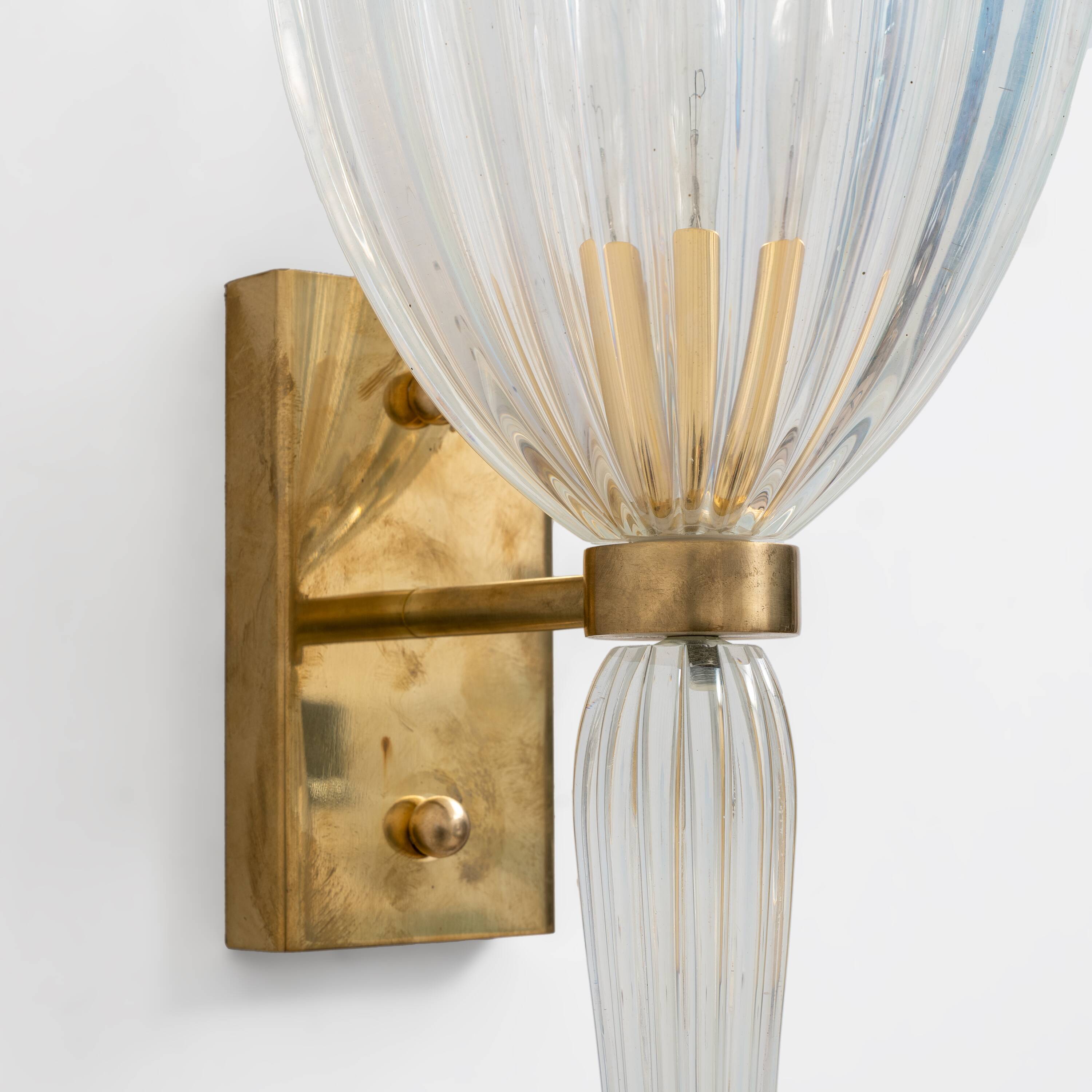 Pair of Italian Murano Iridescent Glass and Brass Wall Sconces