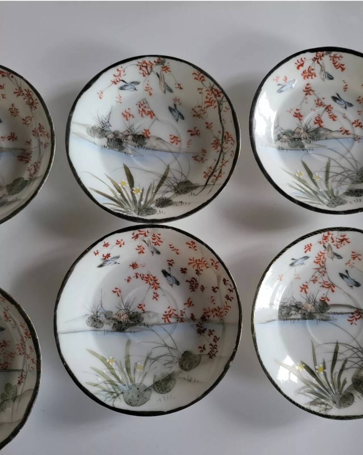Series of 10 Fine Porcelain Cups and Saucers with Japanese Decor