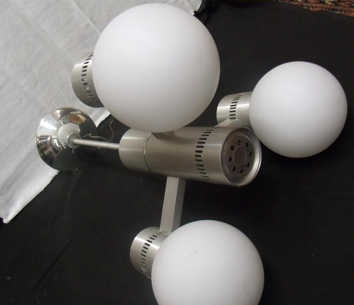 Chandelier suspended three lights 1970 white opaline brushed alu