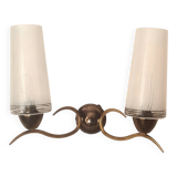 Two-light wall sconce in gilded metal with opaque glass shades, 1950/1960