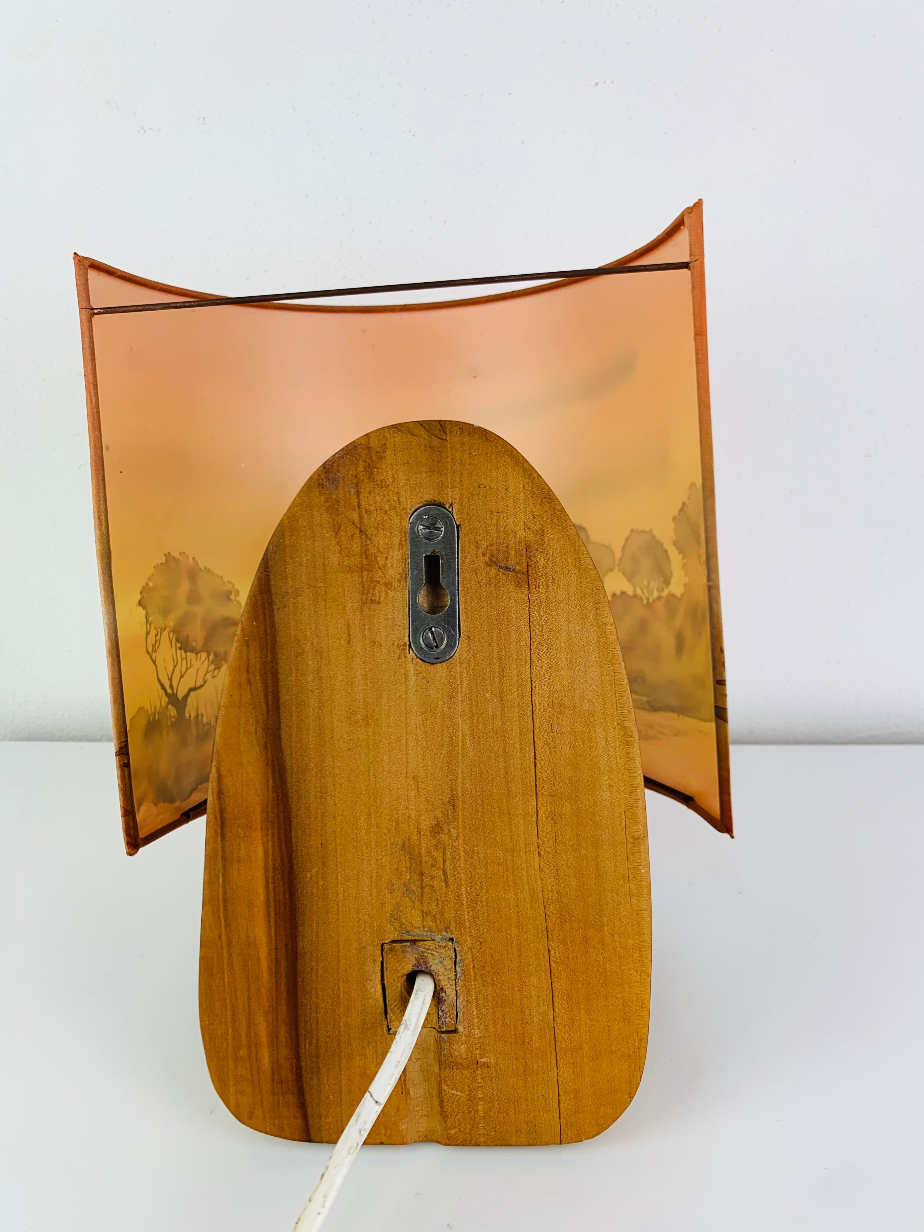 Wooden wall lamp and silk lampshade, vintage, 1960s.