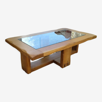 Table basse verre bois années 80