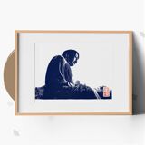 Handmade linocut of the Buddha of Kamakura Prussian blue version in limited edition, signed