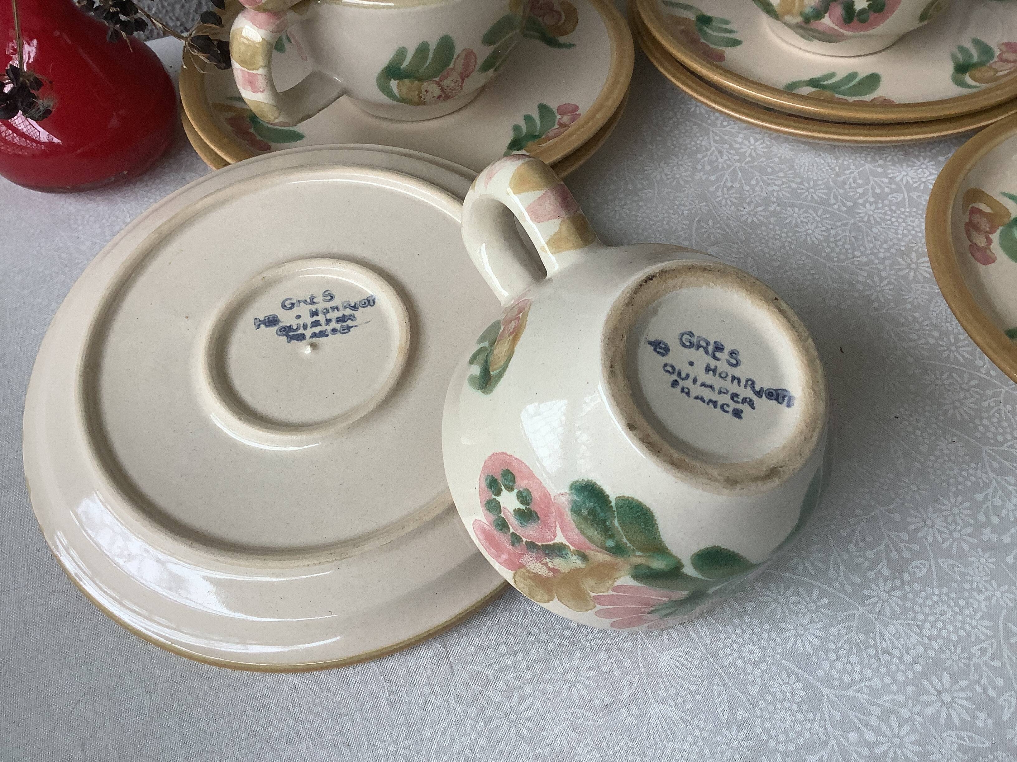 HB Henriot Quimper stoneware cups, hand-painted floral decoration