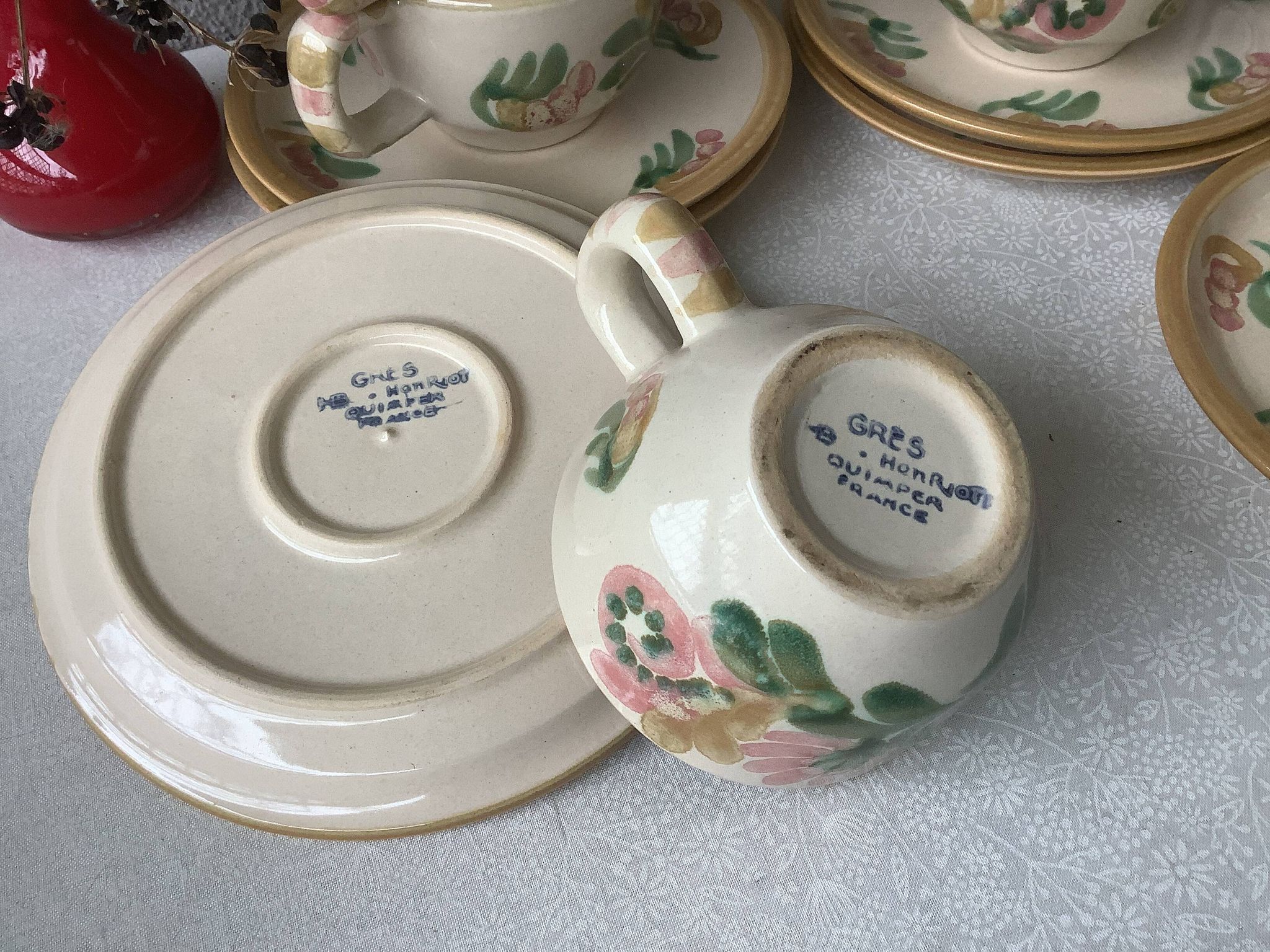 HB Henriot Quimper stoneware cups, hand-painted floral decoration