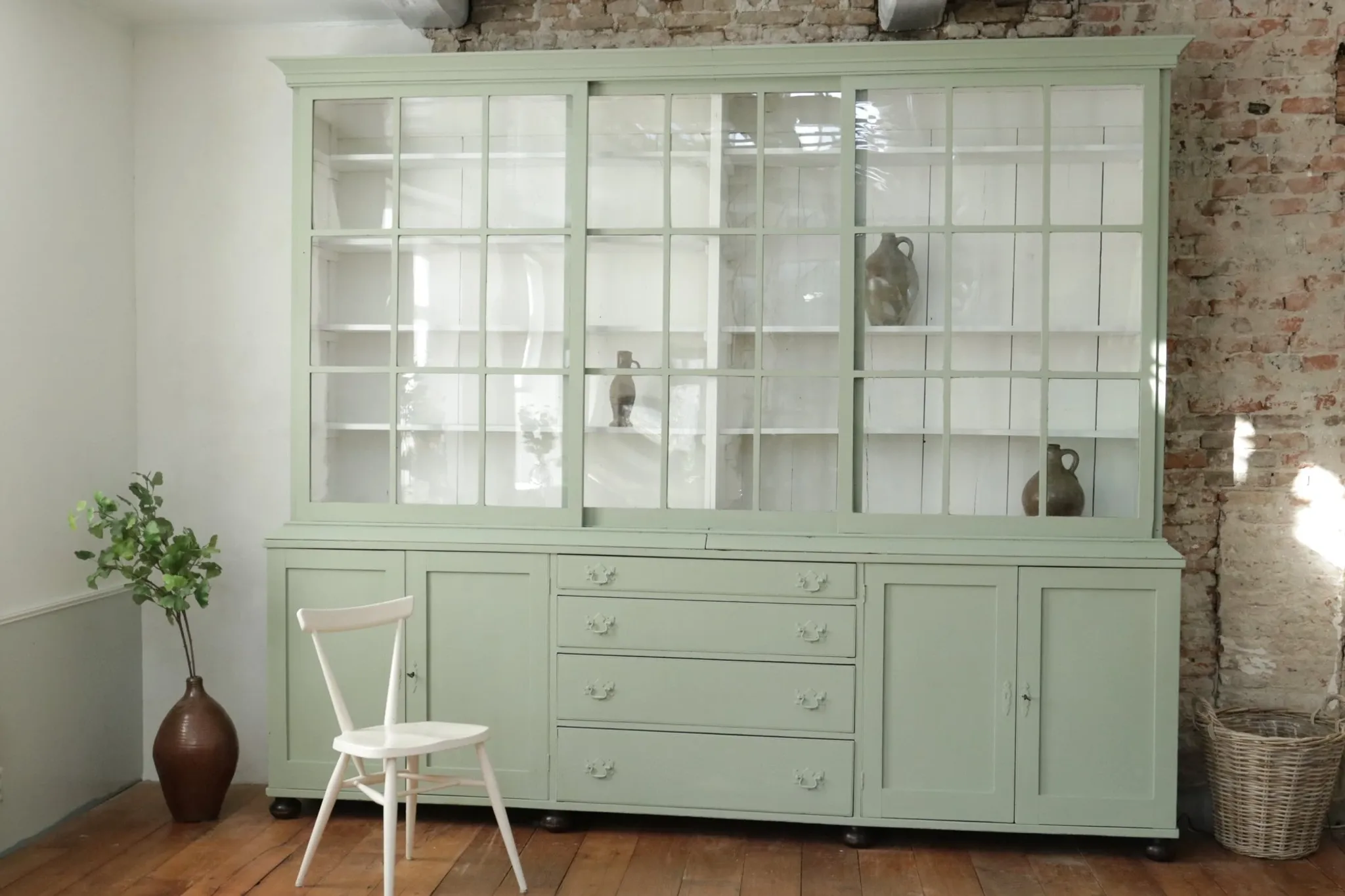 Large green display cabinet with sliding doors – two-part buffet, 219 cm