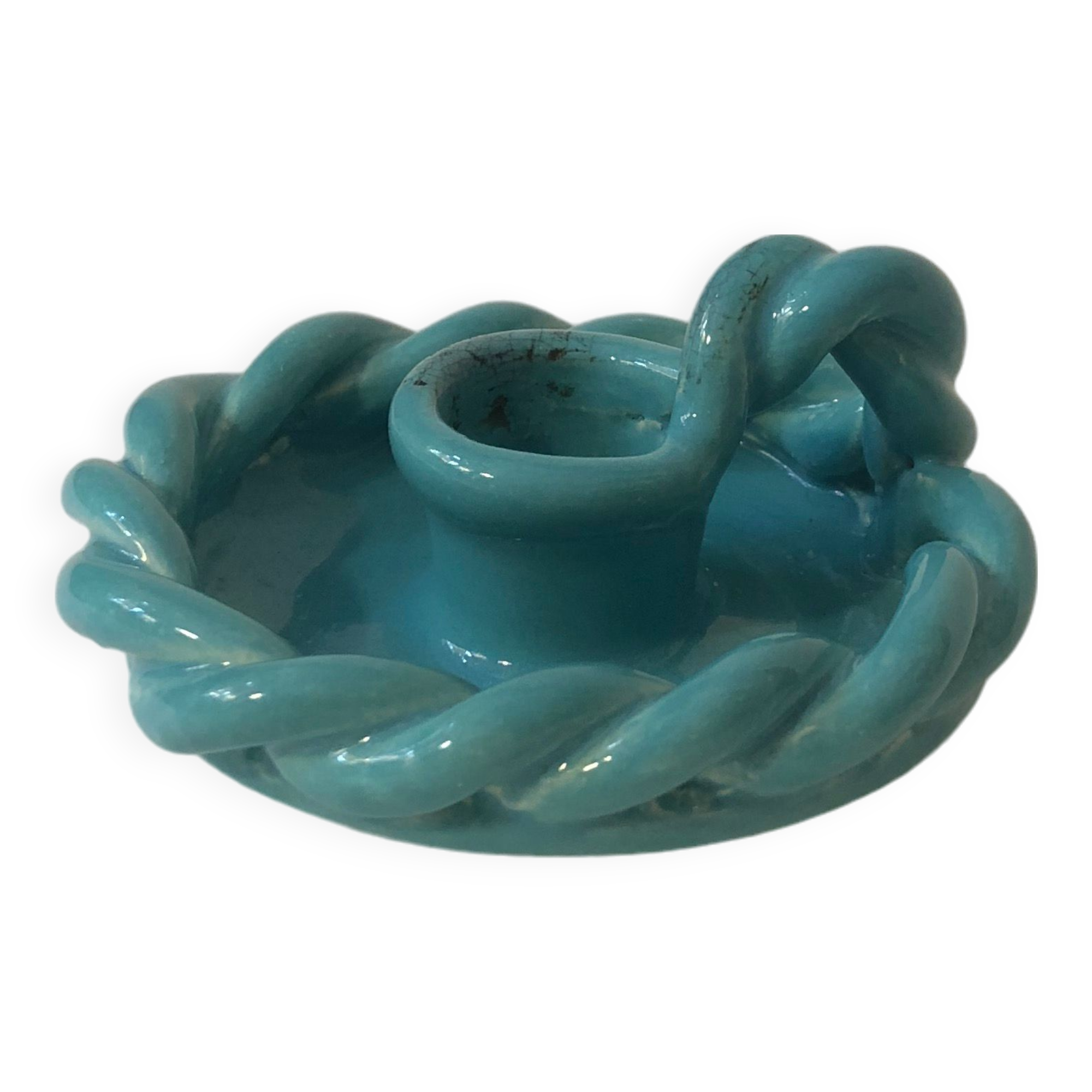 Turquoise earthenware candle holder and ashtray