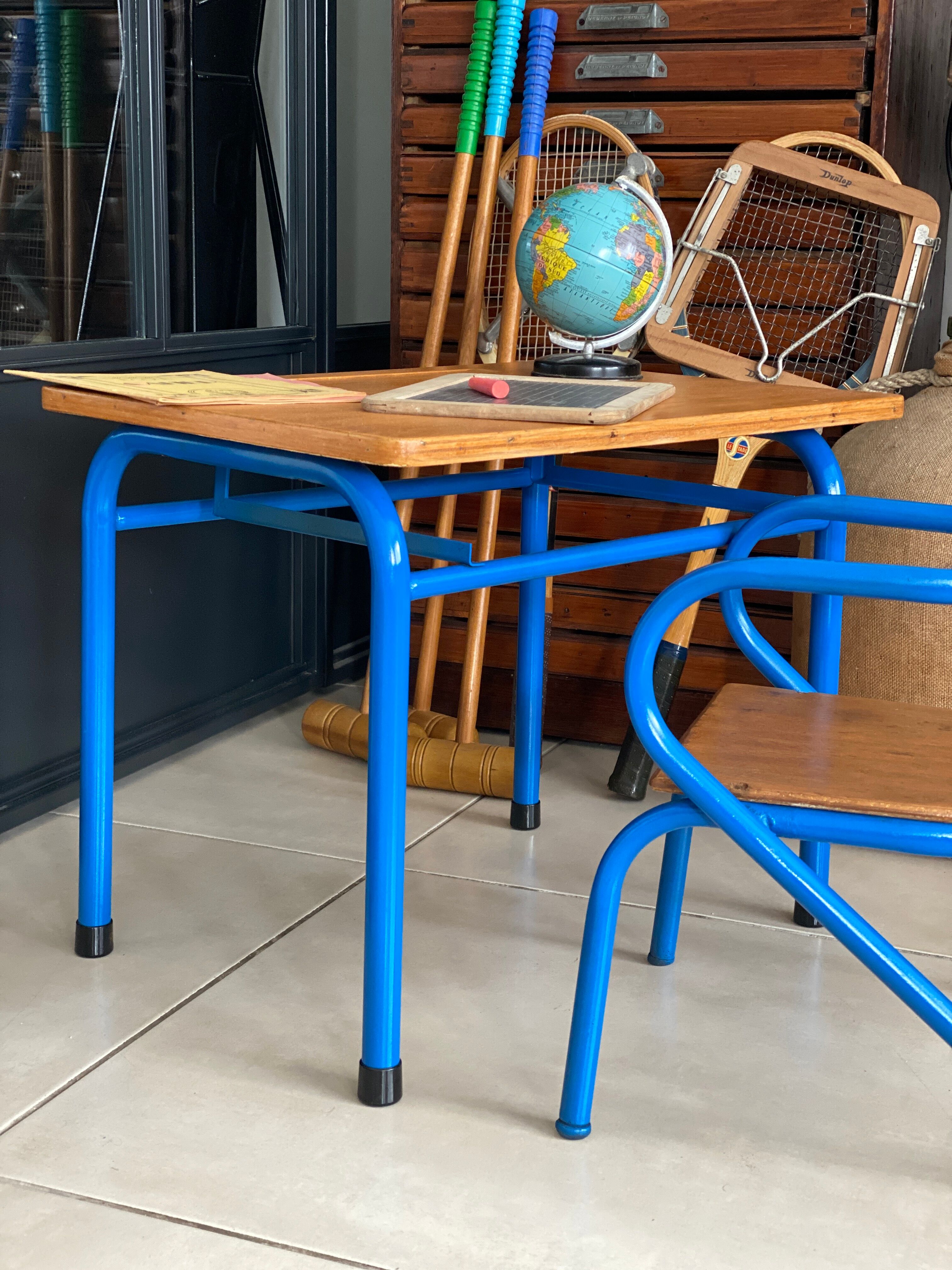 Blue desk and school chair set  design Jacques Hitier