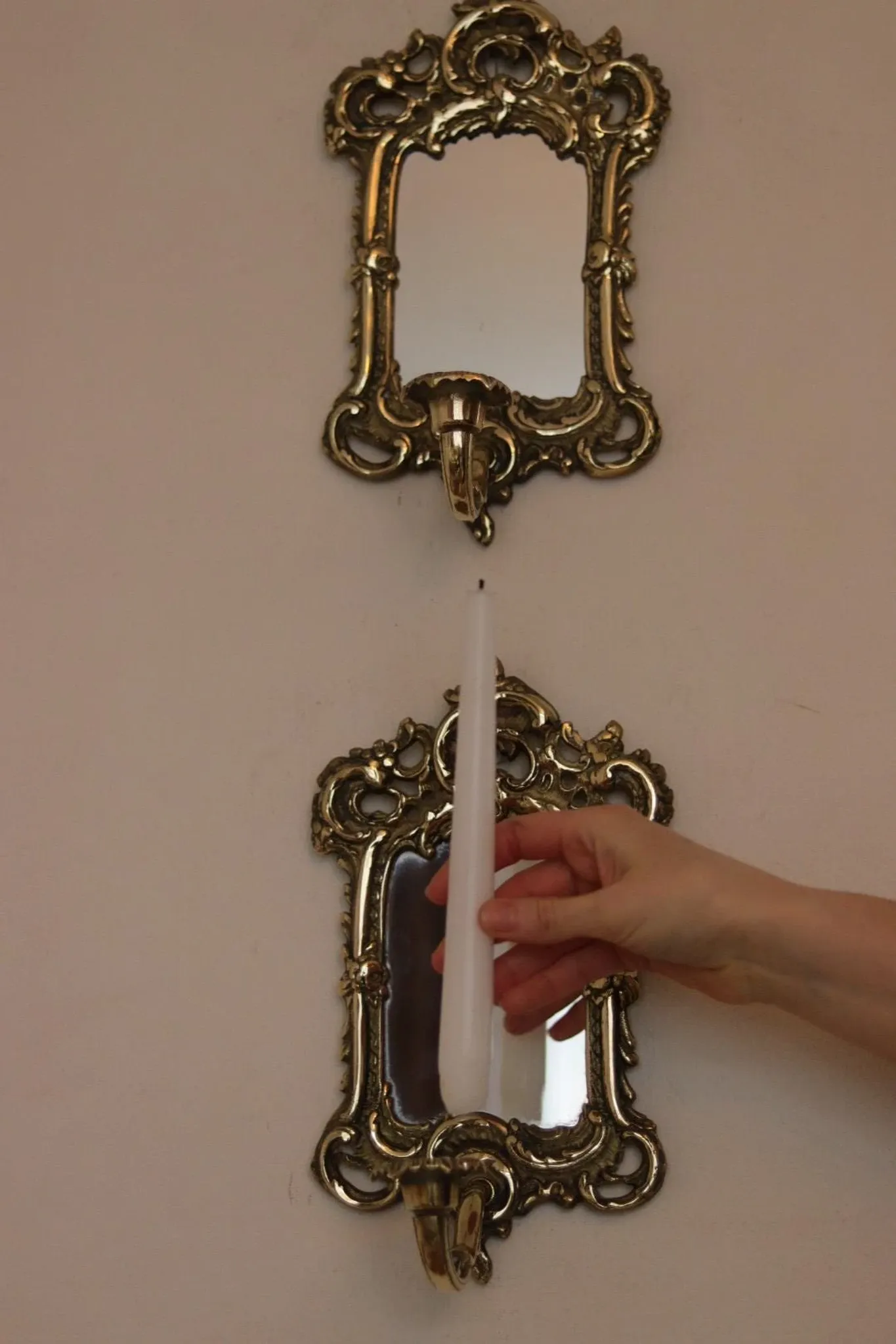 Pair of Mid-Century Swedish Brass Sconces with Mirror