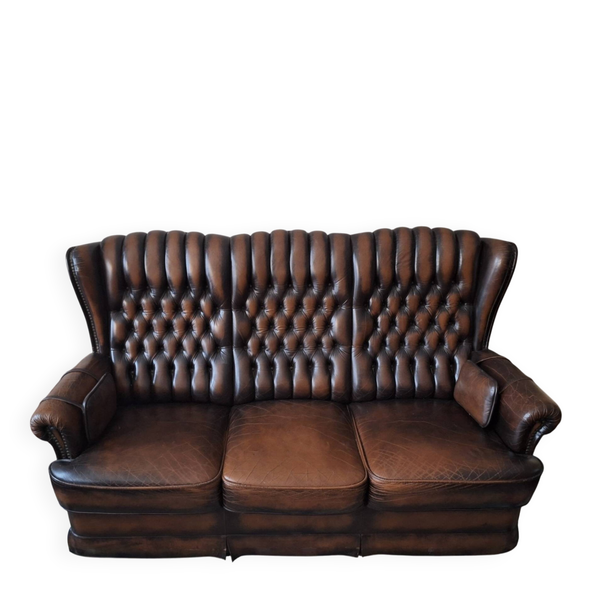 Chesterfield 3-seater chestnut coloured leather sofa