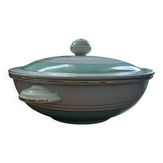 Soupiere legumier regence en porcelaine verte et dore