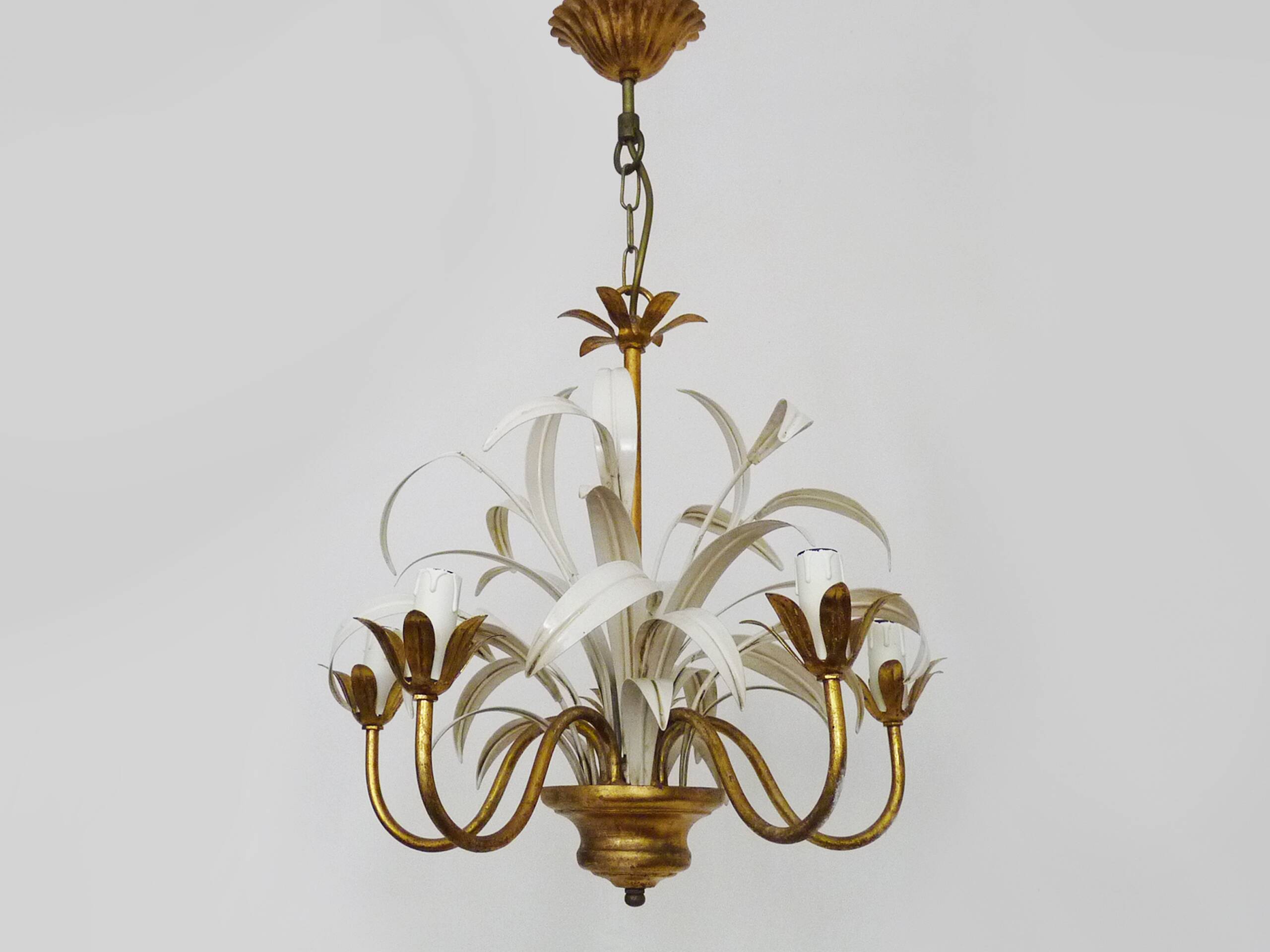 Lustre vintage 3 feux en métal blanc et doré vieilli, feuilles de palmier