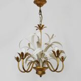 Lustre vintage 3 feux en métal blanc et doré vieilli, feuilles de palmier