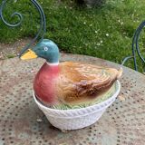 Charming Duck, slip, enameled ceramic terrine, white basket-shaped base and lid