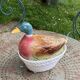 Charming Duck, slip, enameled ceramic terrine, white basket-shaped base and lid