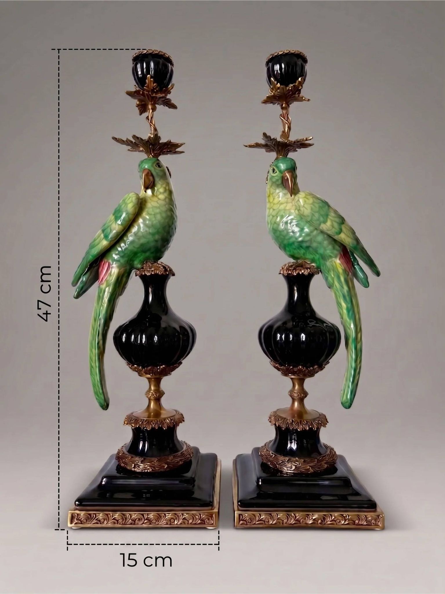 Pair of parrot candlesticks in porcelain and gilded bronze – Louis XVI style – 47 cm