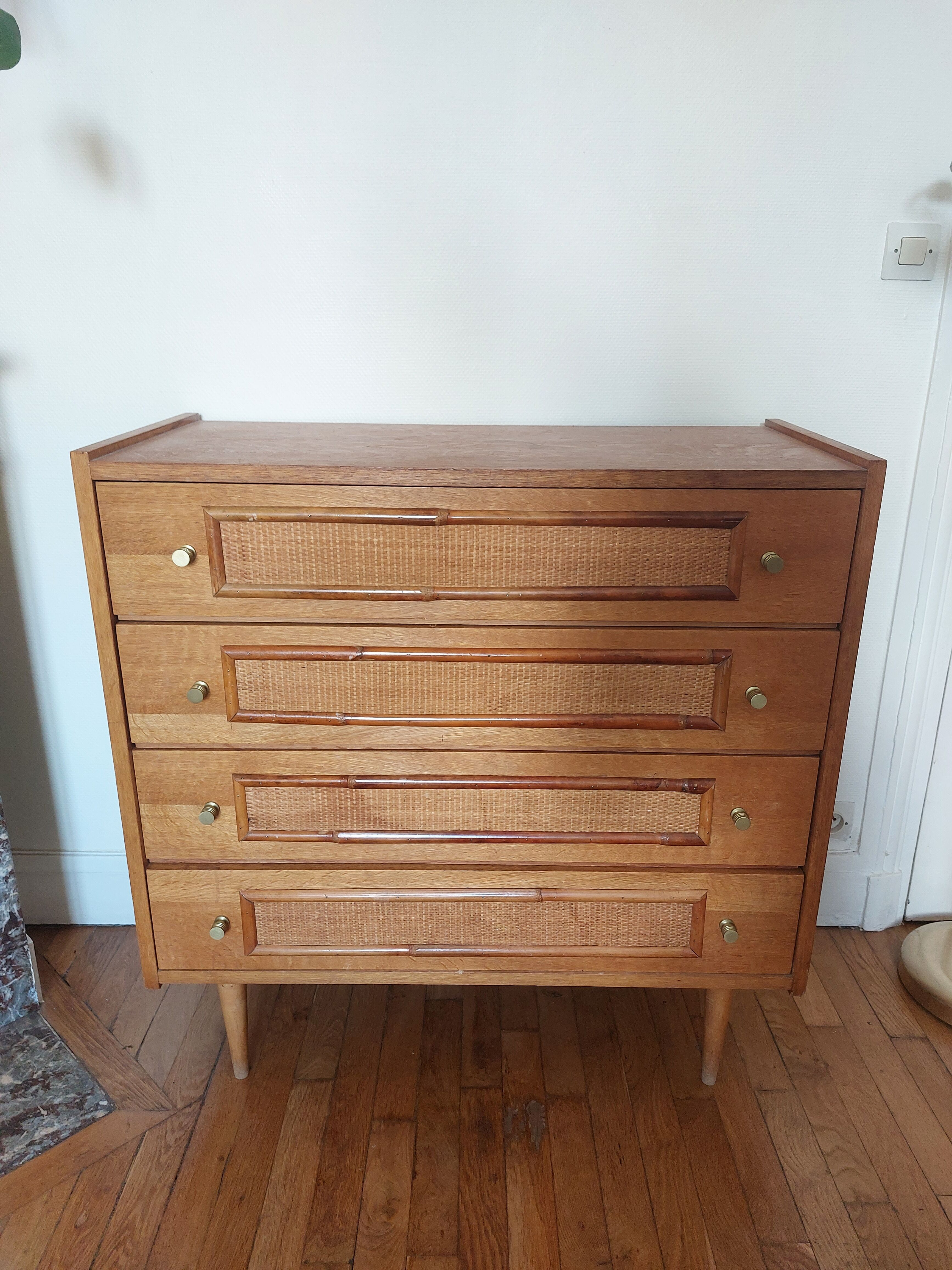 Vintage wood and rattan chest of drawers