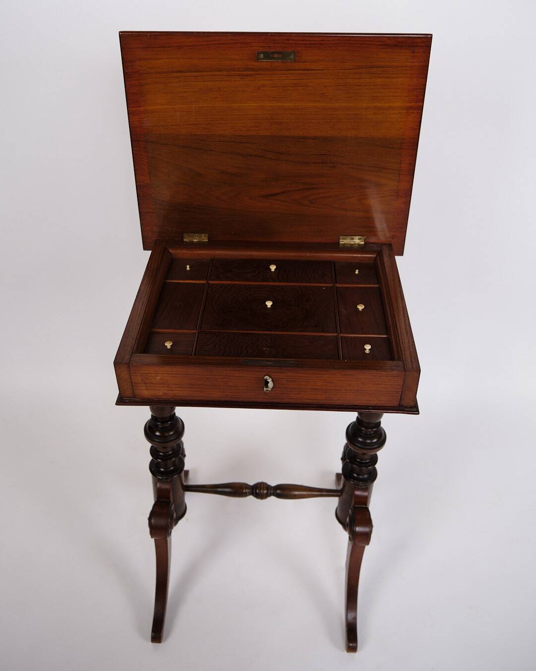 Antique side table with drawer - hand polished mahogany - turned legs - year 1880s
