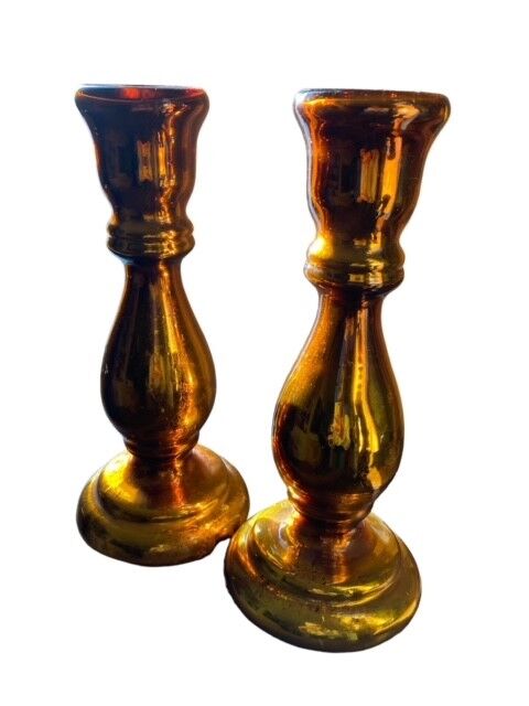 Pair of eglomised glass candle holders