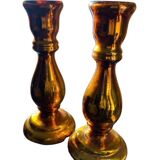Pair of eglomised glass candle holders