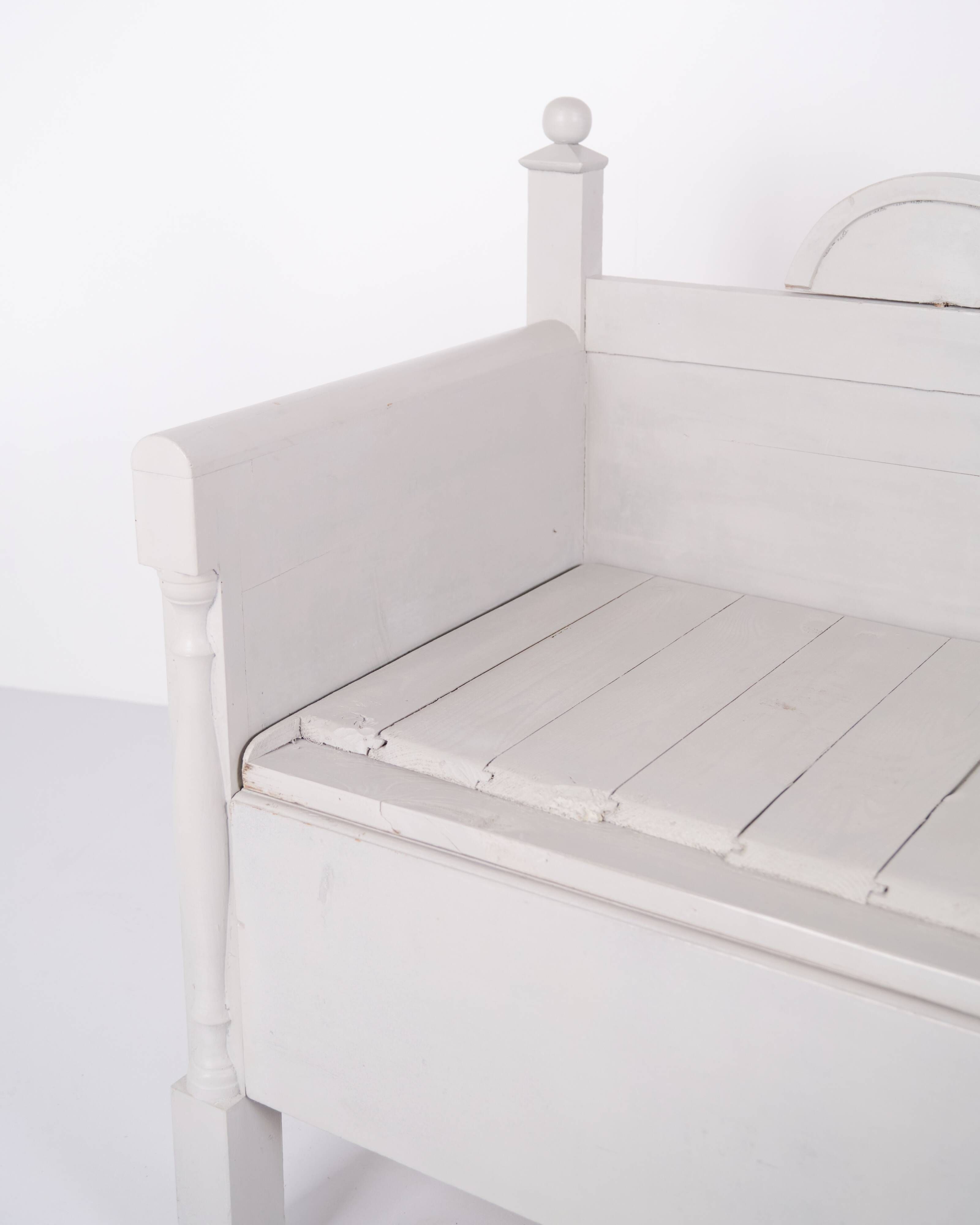 Antique storage bench with carvings – grey painted – pine wood – 1860s