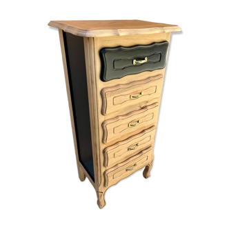 5-drawer black and gold chiffonnier with raw wood