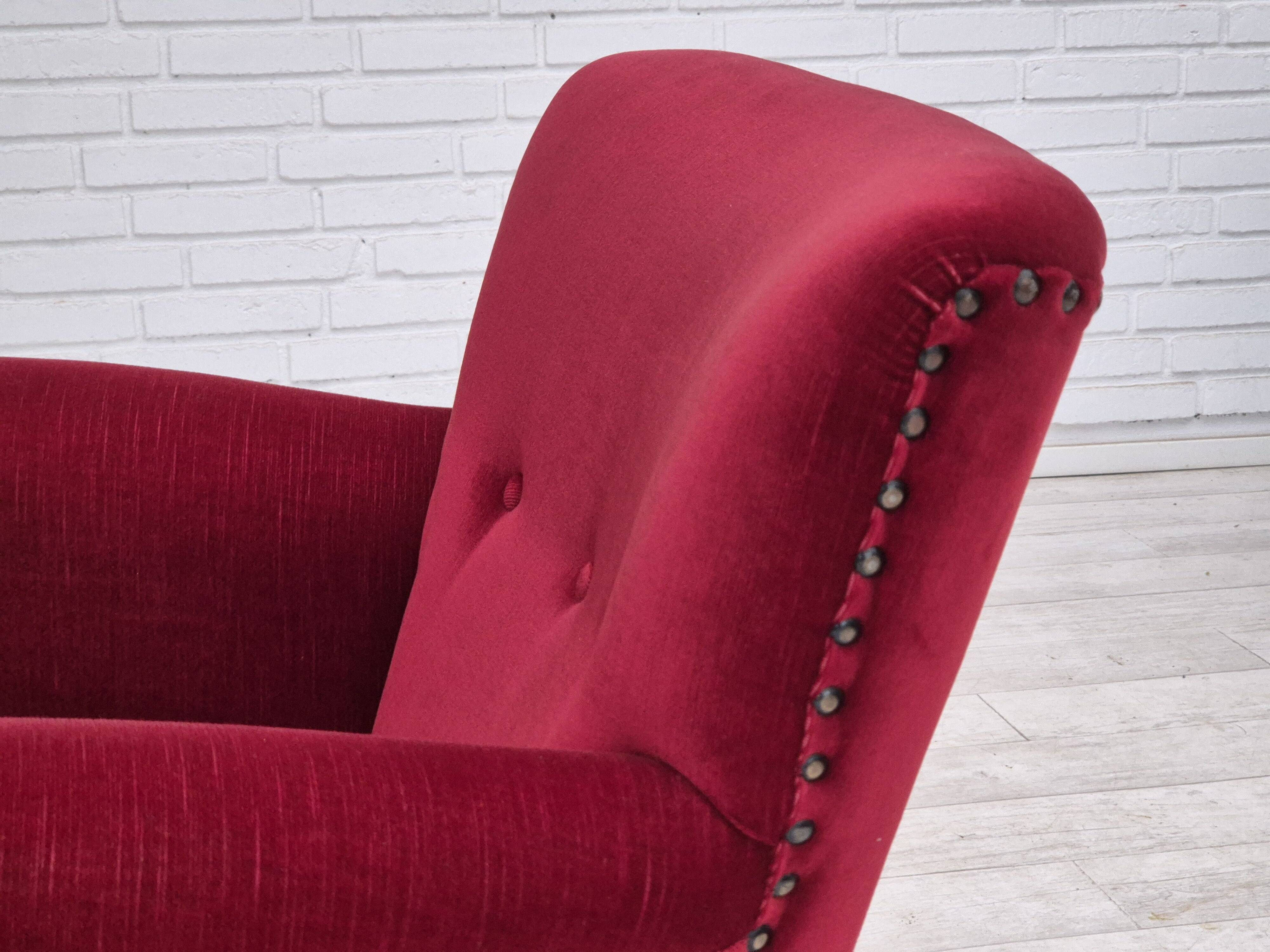 1970s, Danish lounge chair, original condition, cherry-red velour fabric.