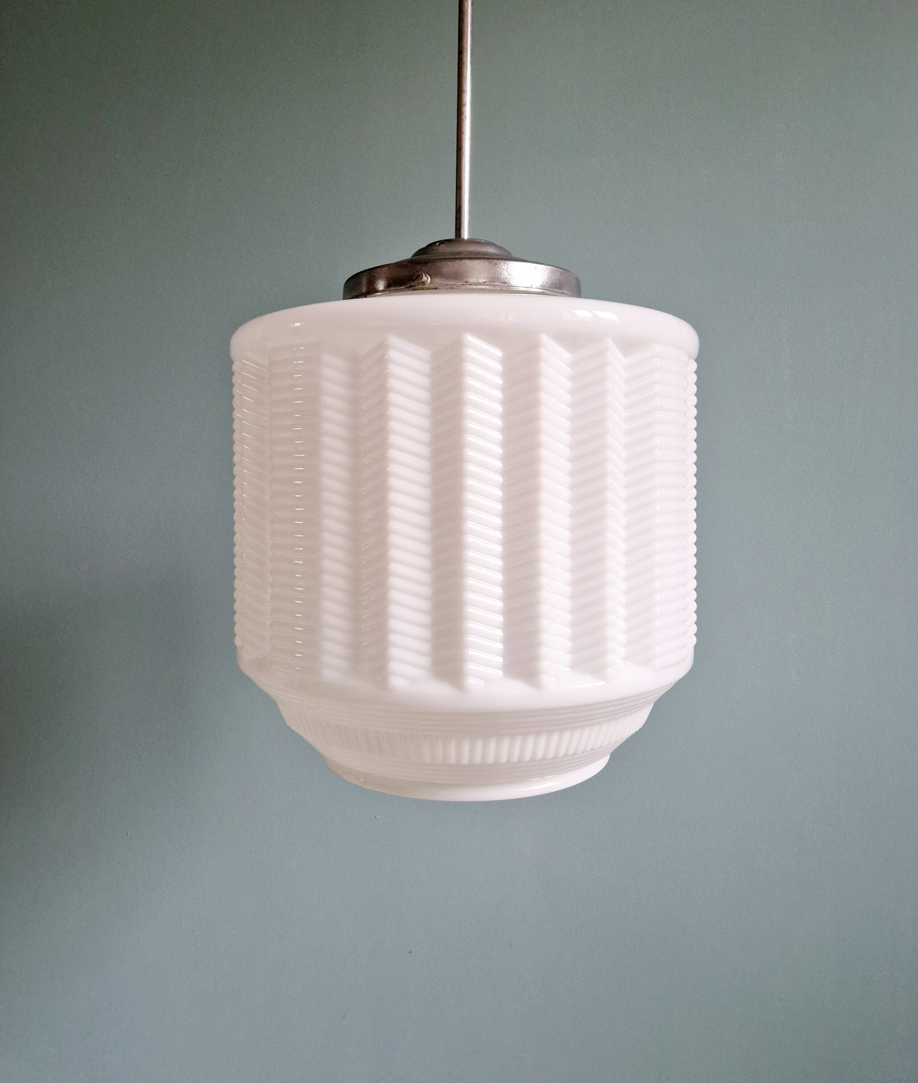 Large Art Deco pendant light in white opaline, 1920s-30s