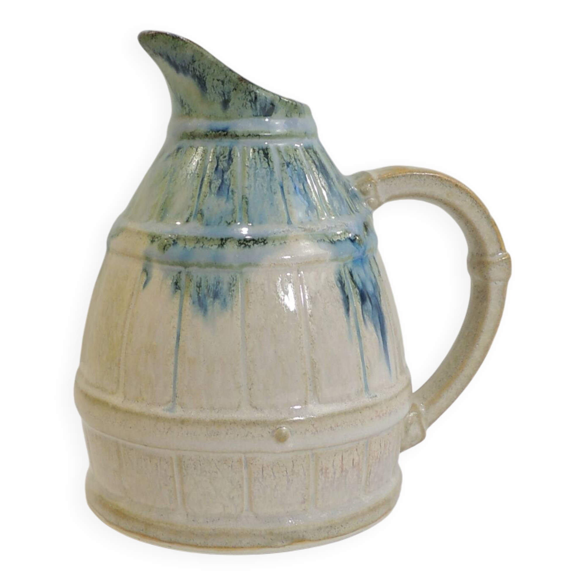 Vintage beige and blue glazed ceramic pitcher – Rustic handcrafted jug