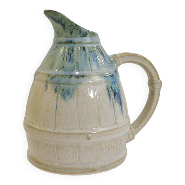 Pichet vintage en céramique émaillée beige et bleu – Cruche artisanale rust