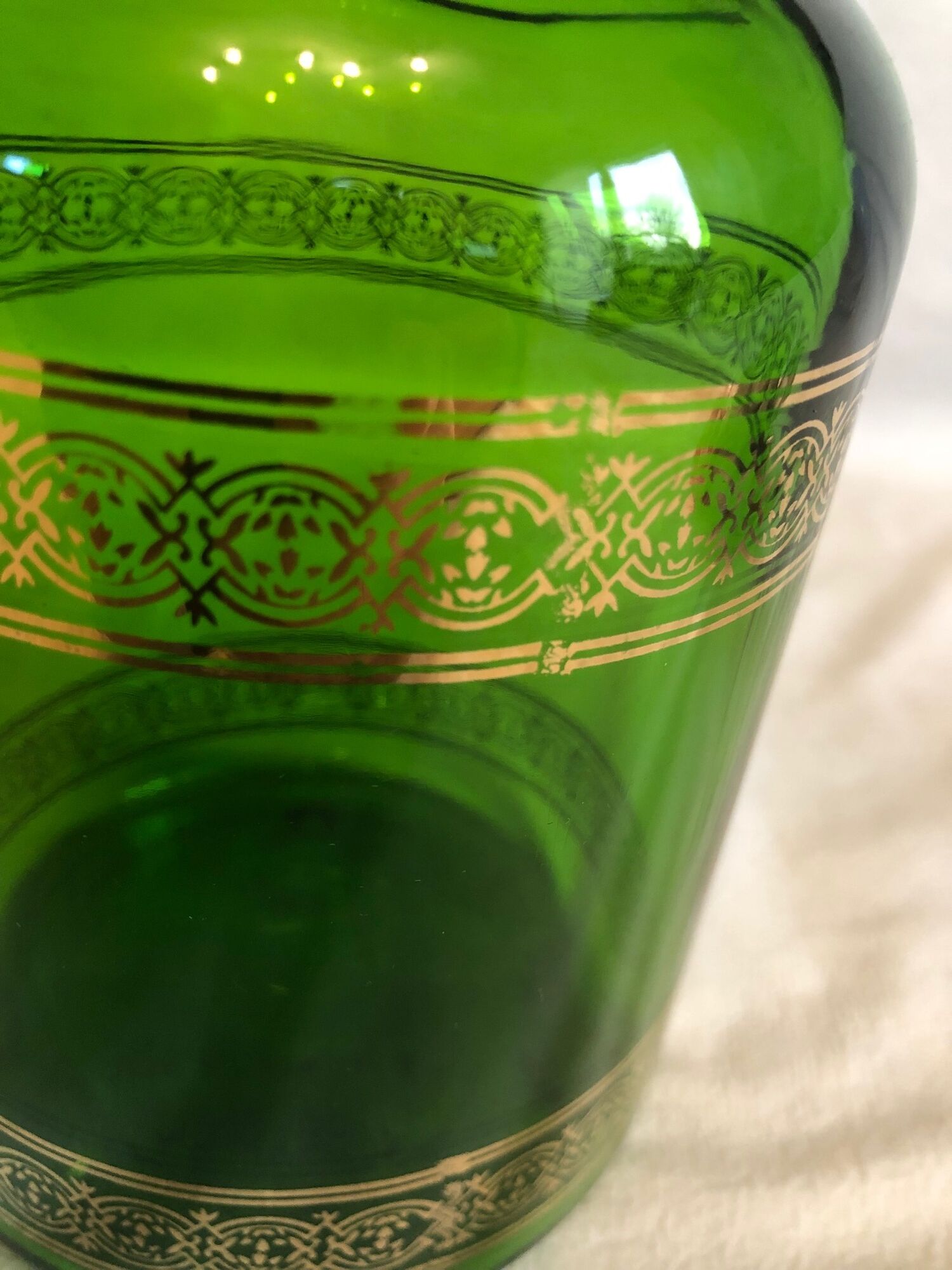2 jars of green glass apothecary and 1970s gilding