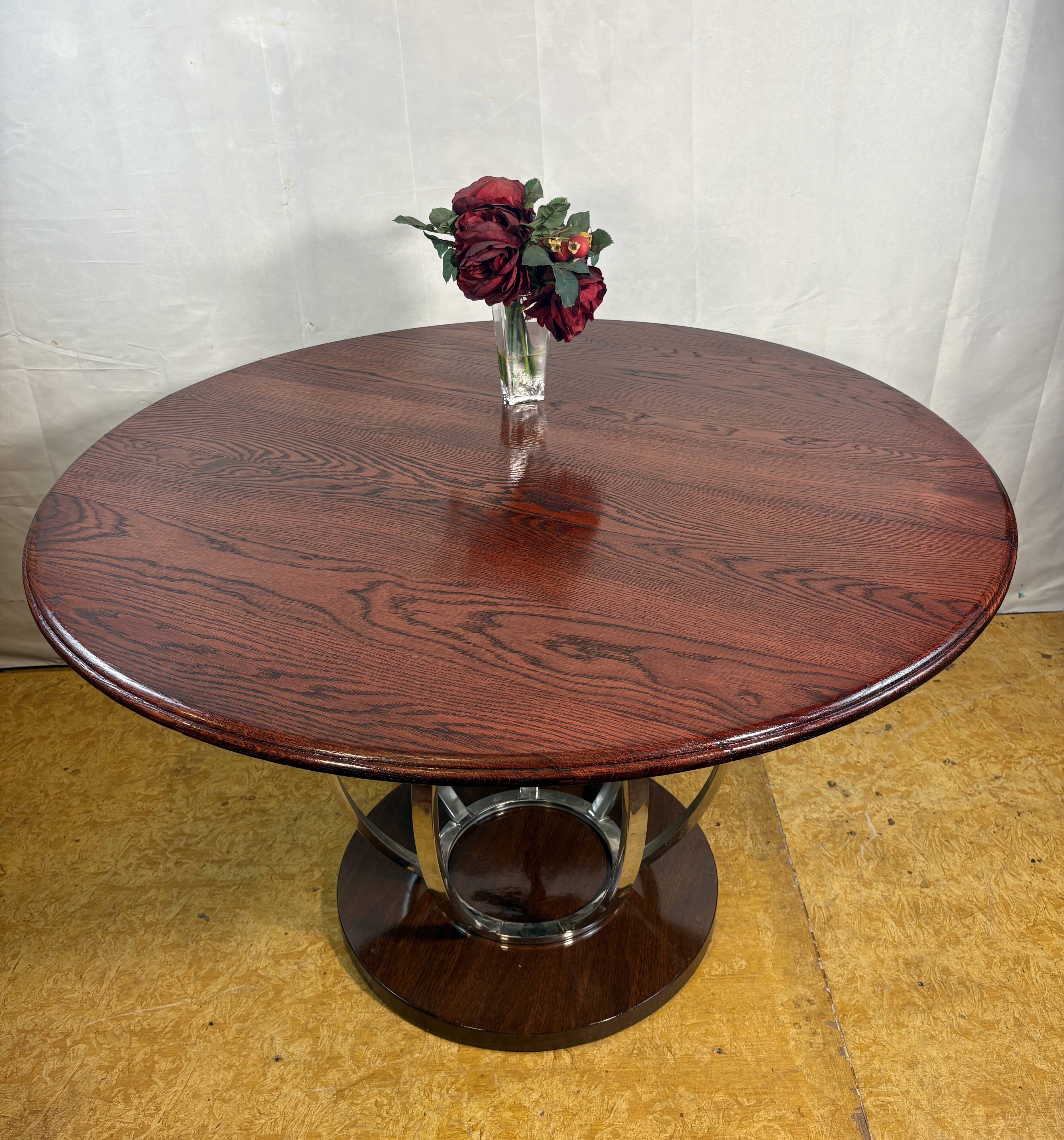 Vintage Art Deco Style Round Dining Table – Oak Top & Chrome Base – Designe