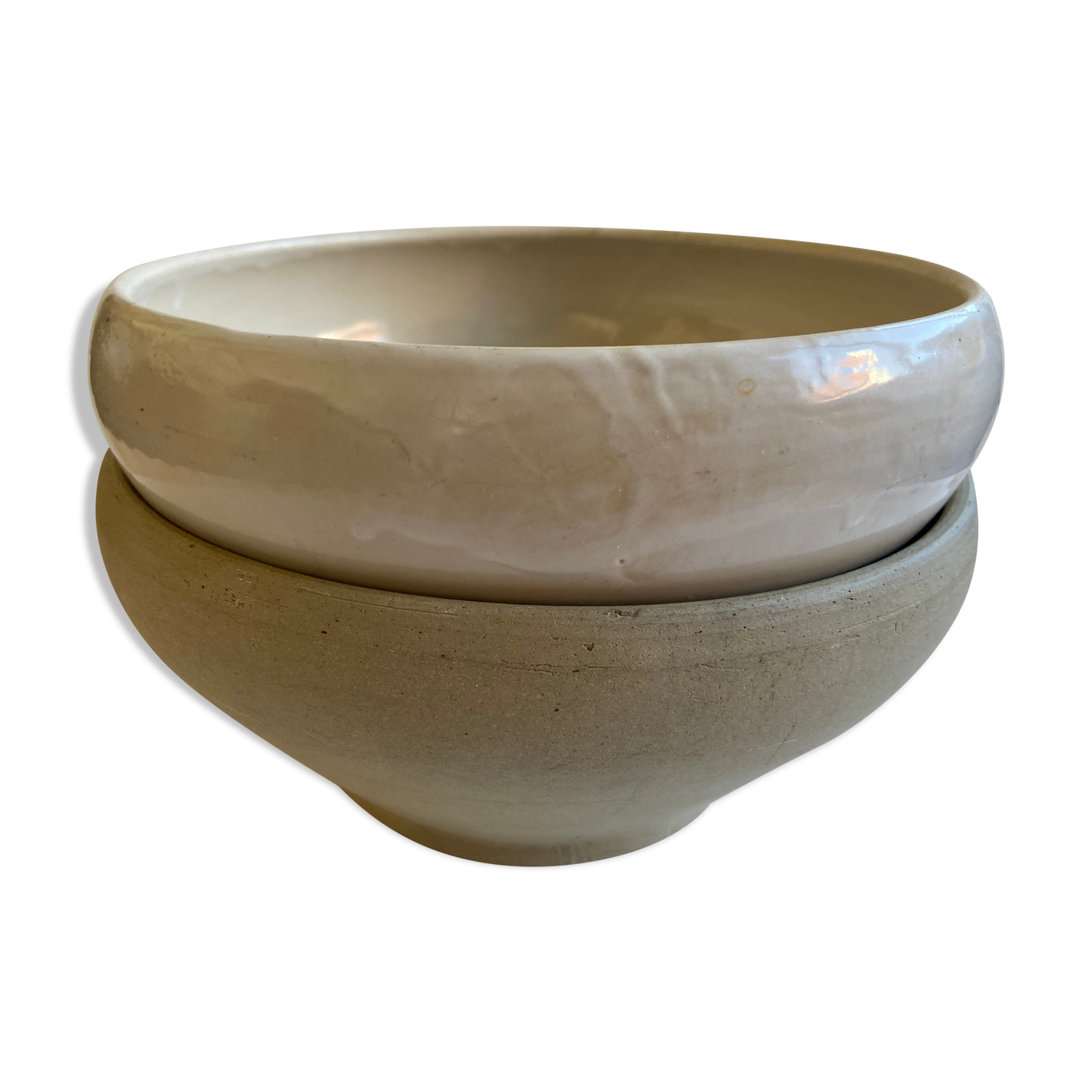 Pair of enamelled sandstone bowls