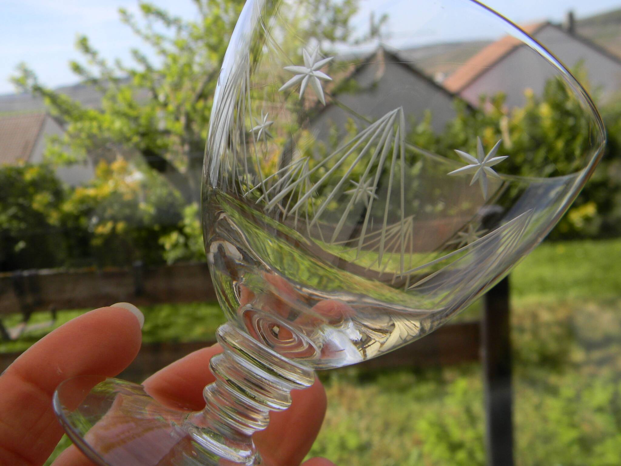 6 Art Deco engraved wine glasses, Meisenthal glassware
