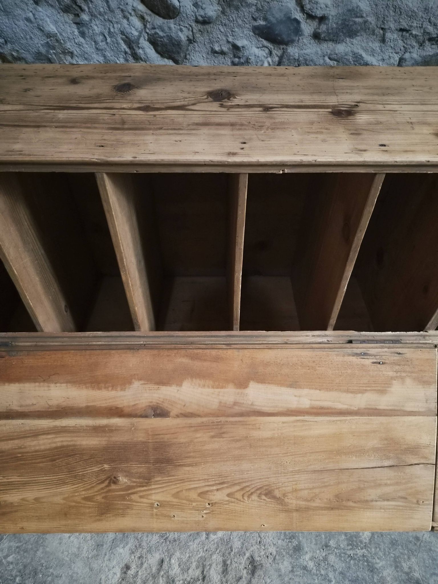 Old French industrial workshop furniture in pine / storage bench, circa 1880–1900