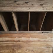 Old French industrial workshop furniture in pine / storage bench, circa 1880–1900