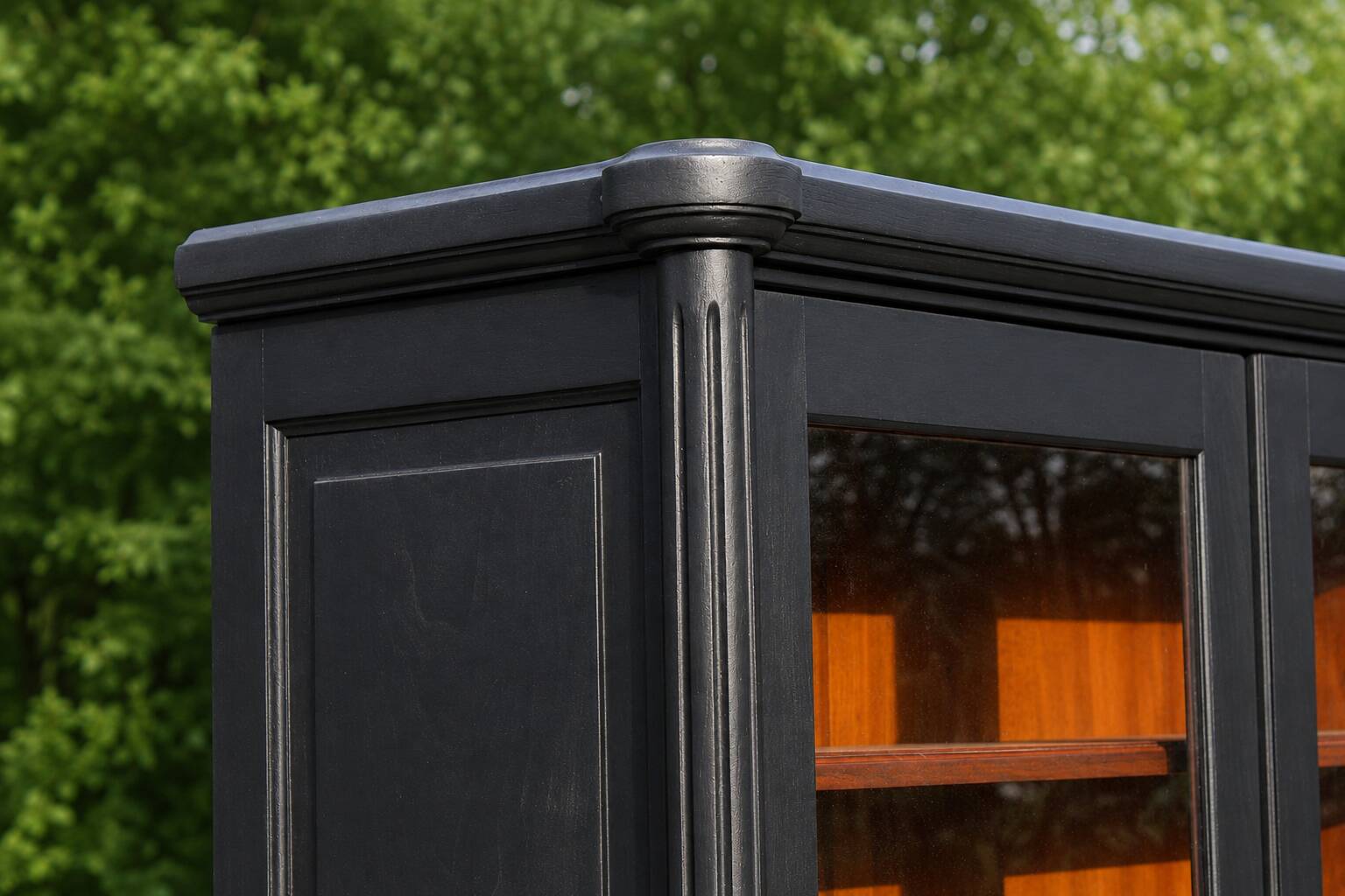 Renovated black antique Louis XVI style display cabinet, glass-fronted bookcase.