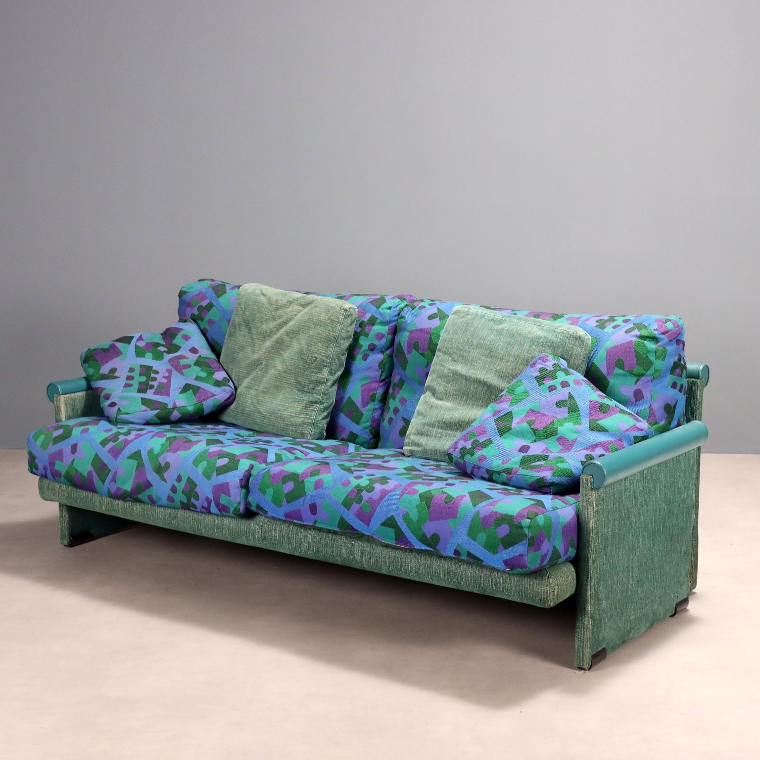 Vintage 2-seater sofa fantasy fabric design cushions 1980s original