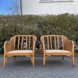 Pair of rattan and canning armchairs