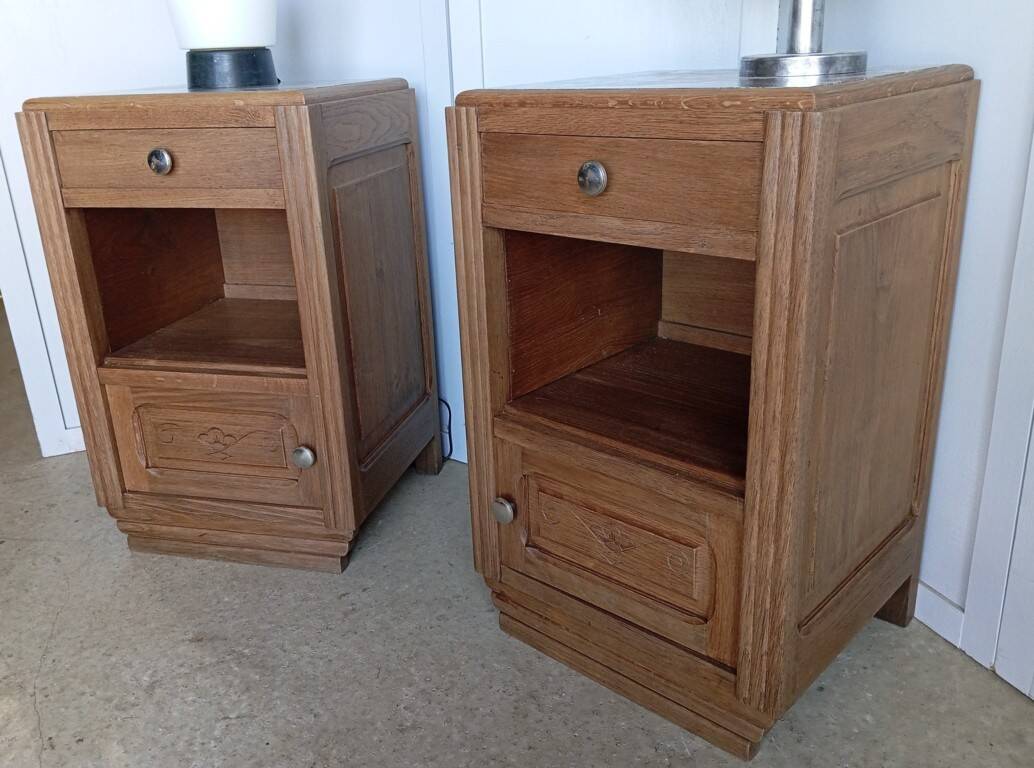 Pair of Art Deco bedside tables in solid oak