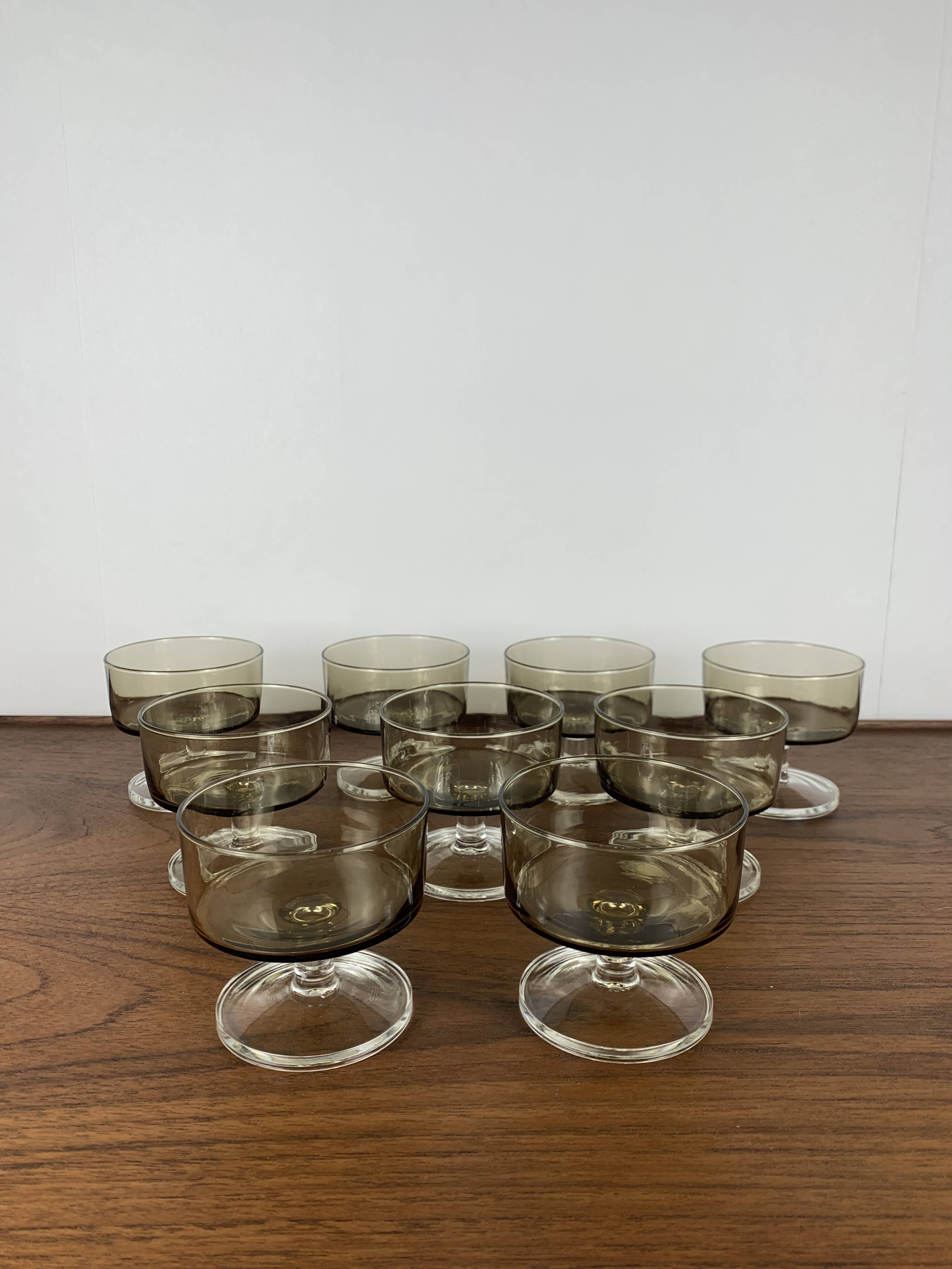 Set of 9 smoked glass champagne glasses, 1970