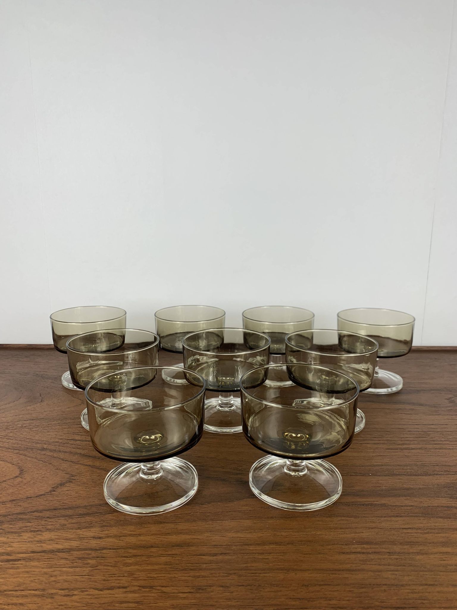 Set of 9 smoked glass champagne glasses, 1970