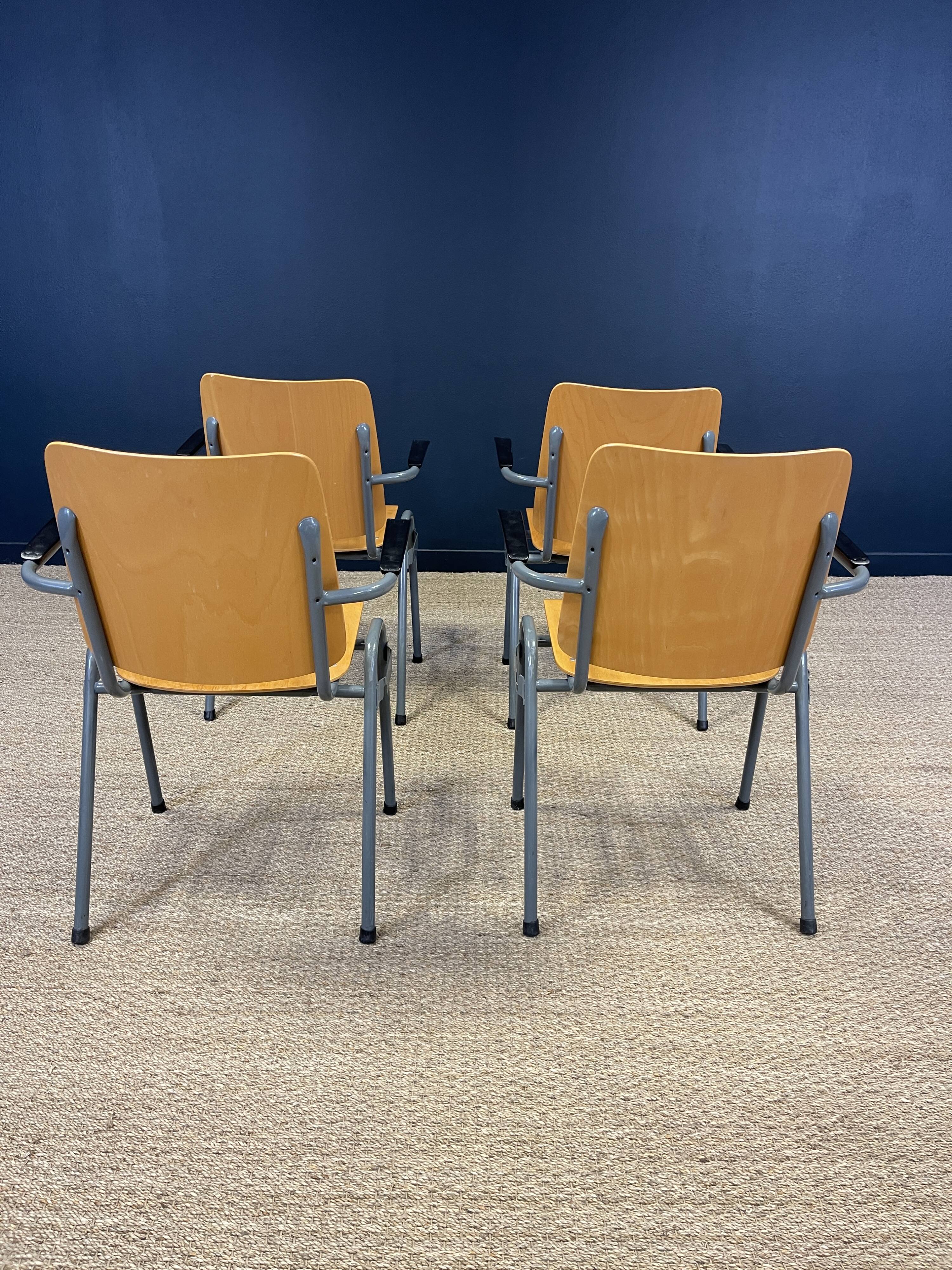 Set of 4 school armchairs with high wooden backs and anthracite grey legs, Netherlands