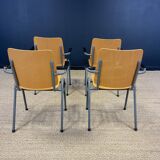 Set of 4 school armchairs with high wooden backs and anthracite grey legs, Netherlands