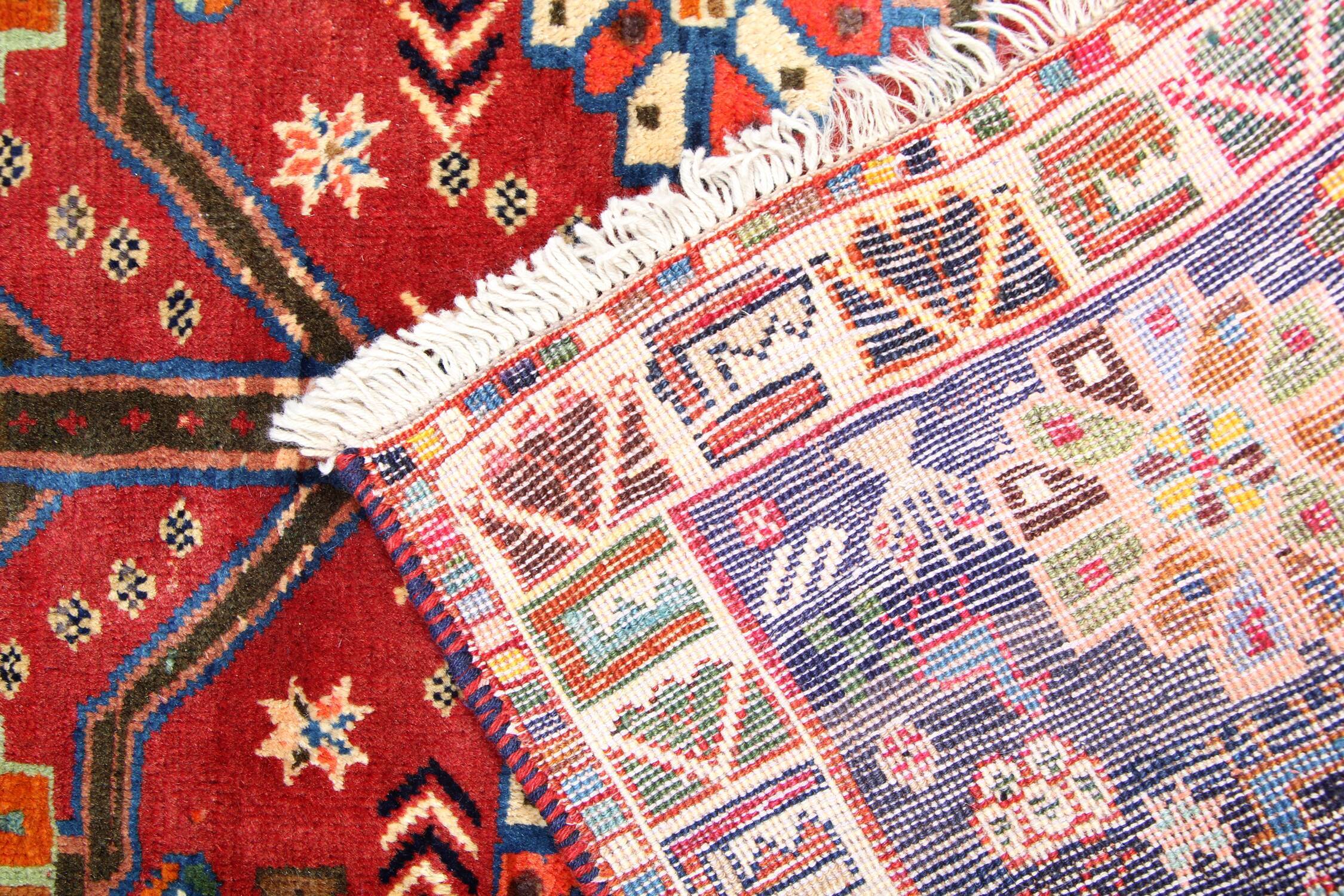 Tapis tribal persan traditionnel fait à la main Tapis de salon en laine rouge bleue - 111x165cm