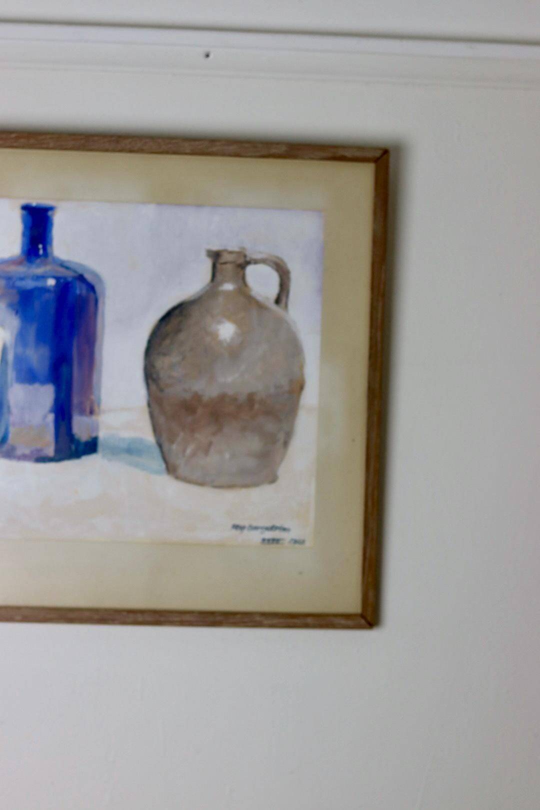 Peinture à l'huile sur panneau « Vie sur un rebord de fenêtre avec une bouteille bleue » par Rolf Bergström, Suède années 1960