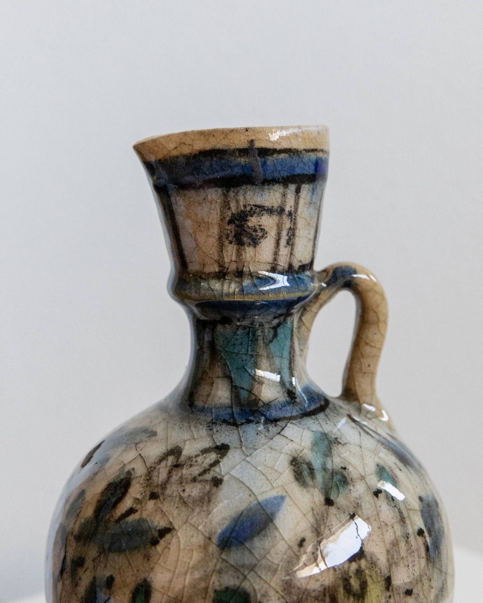 Antique 18th-century ceramic vase, hand-painted, Near Eastern design with floral motif and handle, small decorative art piece, gift idea.
